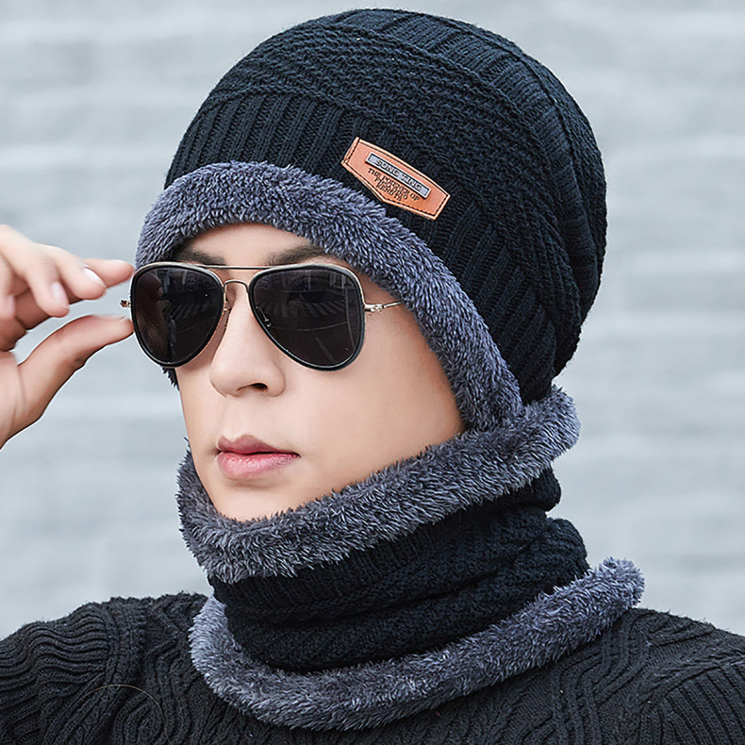 Men Winter Knitted Hat Two-Piece Suit With Scarf