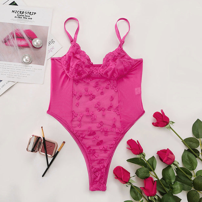 Sexy Mesh Embroidered Lace Conjoined Suspender Bodysuit