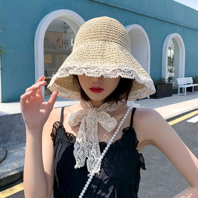 Beach Woven Hollowed-out Lace Edge Hat