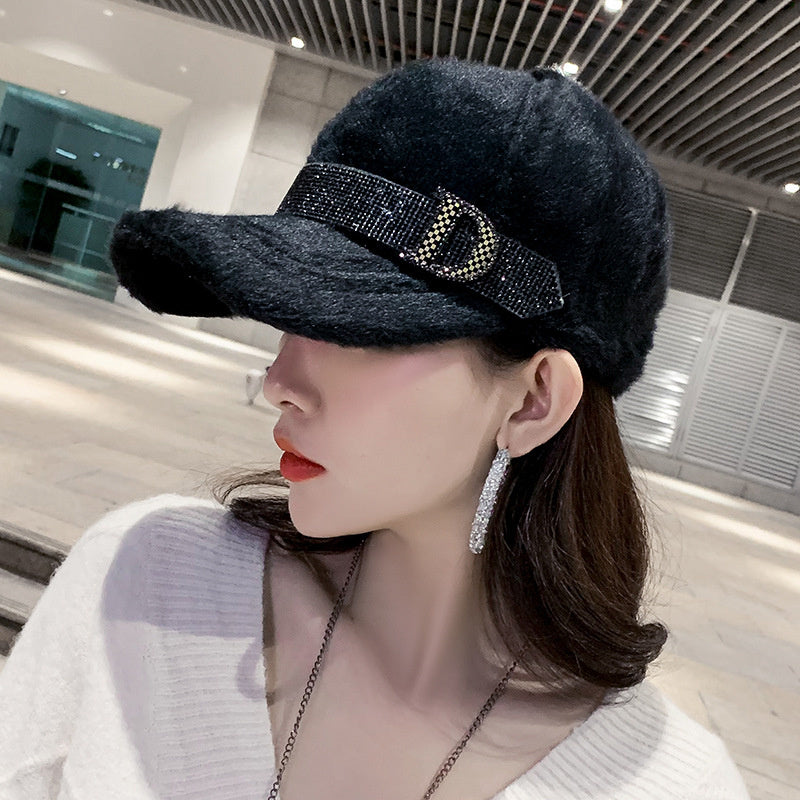 Padded warm plush duck tongue diamond baseball cap