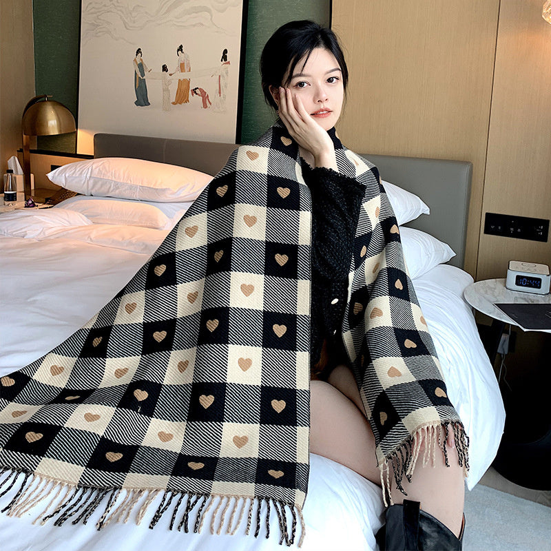 Warm Plaid Scarf With Thick Tassels