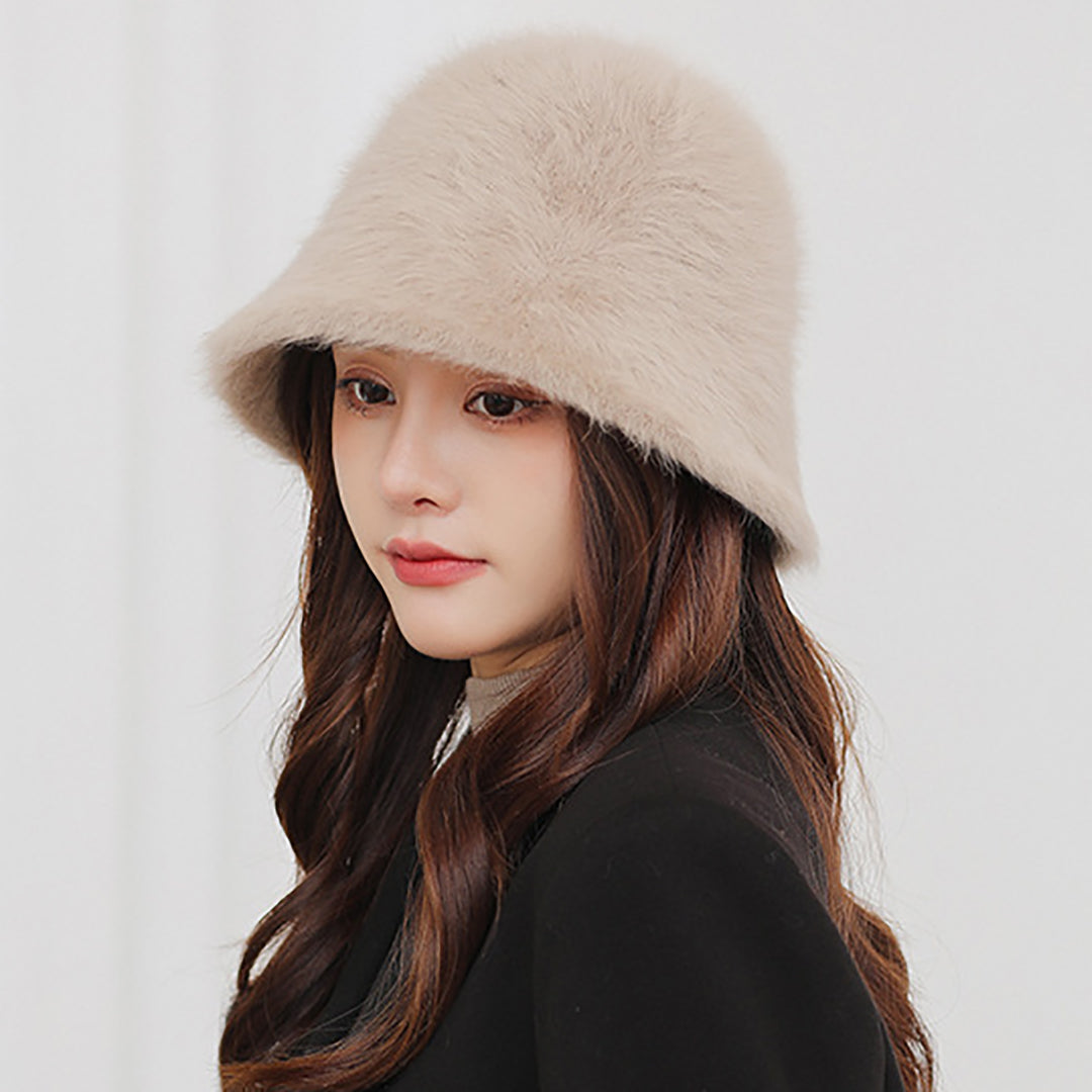 Female Solid Color Fluffy Bucket  Hat