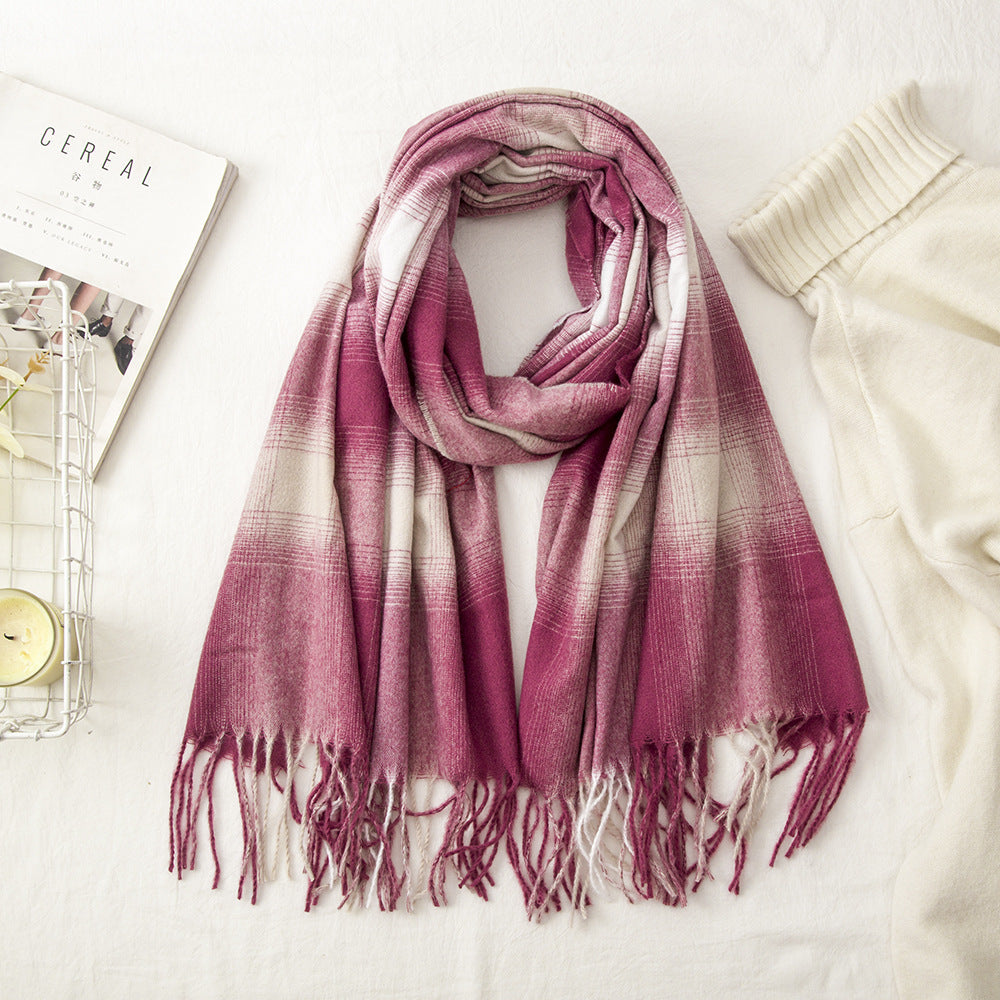 Women Gradient Plaid Fringe Windproof Warm Scarf