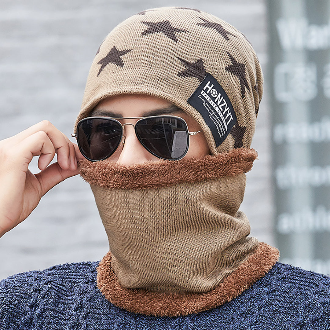 Men's Casual Knitted Hat Two-Piece Suit With Scarf
