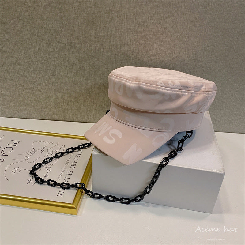 Vintage Glossy Letter Print Hat With Chain
