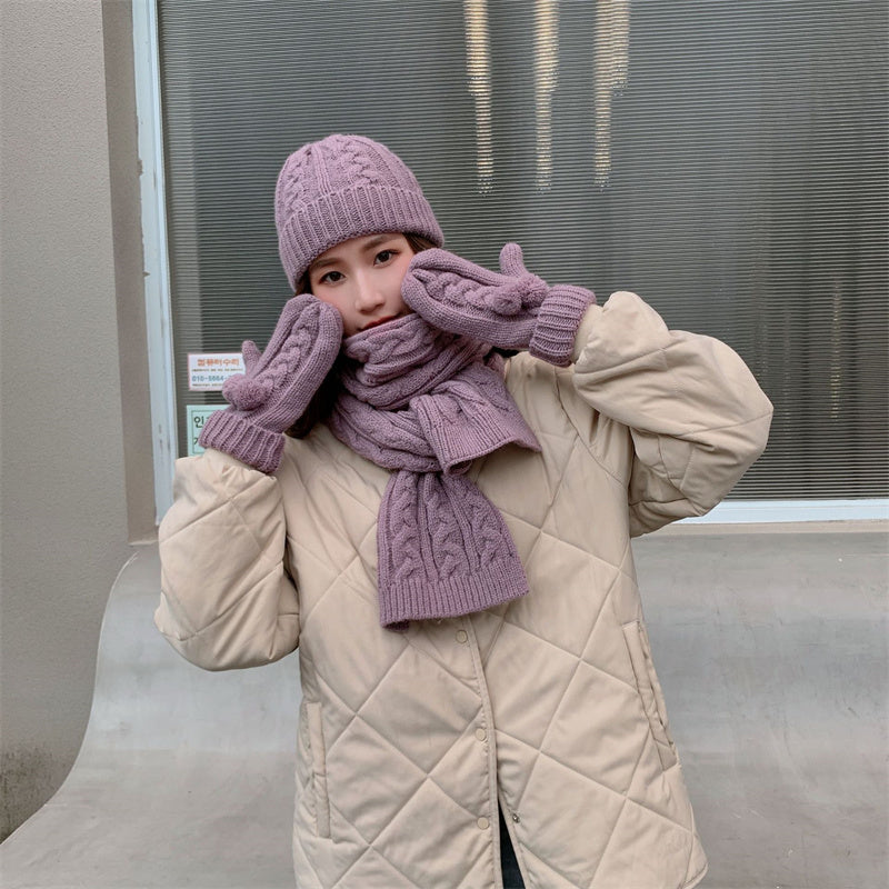 Scarf, gloves and hat three-piece set with thickened warm knitted scarf for autumn and winter