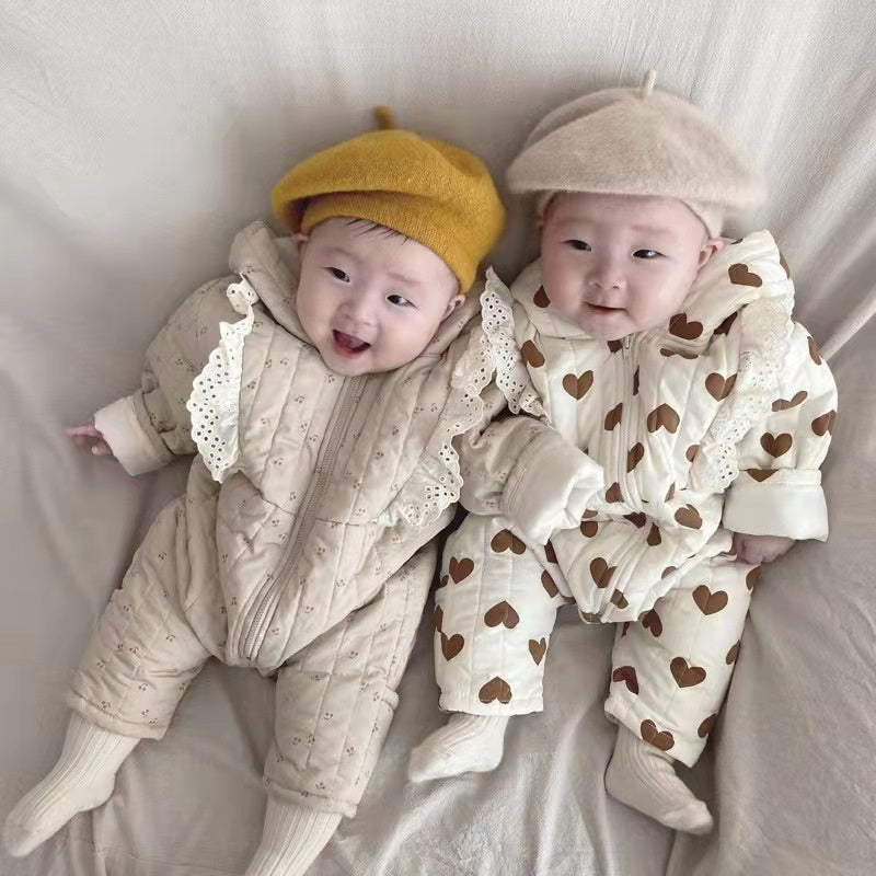 Baby Girl Long Sleeve Warm Thick Lace Hooded Onesie Clothing in Winter