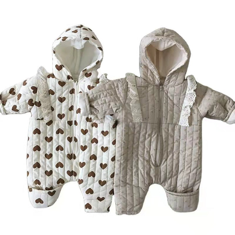 Baby Girl Long Sleeve Warm Thick Lace Hooded Onesie Clothing in Winter