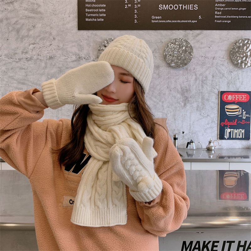 Scarf, gloves and hat three-piece set with thickened warm knitted scarf for autumn and winter