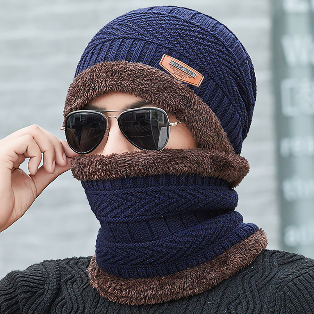 Men Winter Knitted Hat Two-Piece Suit With Scarf