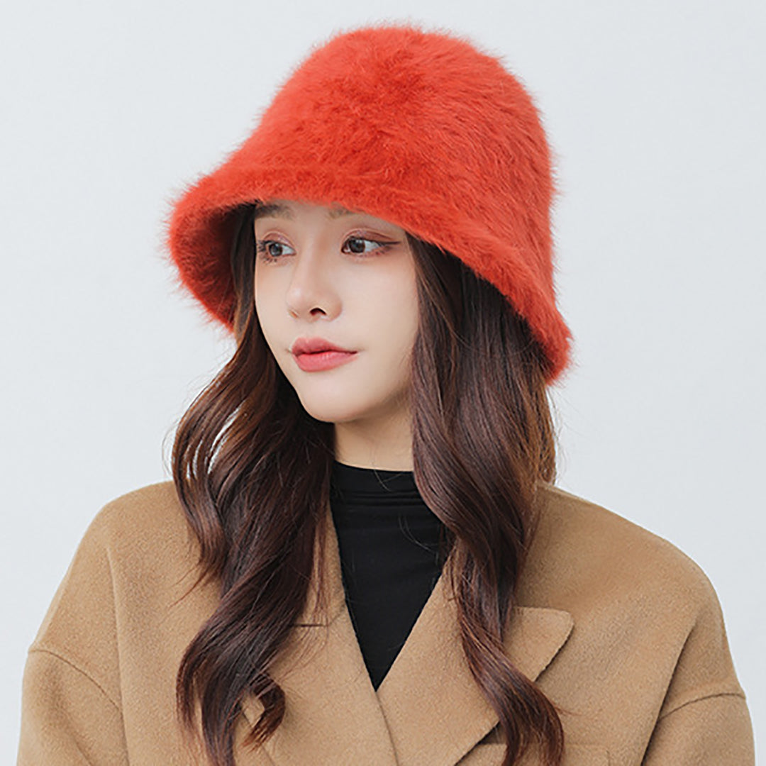 Female Solid Color Fluffy Bucket  Hat