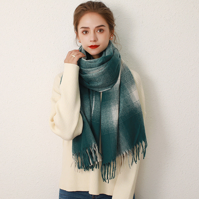 Women Gradient Plaid Fringe Windproof Warm Scarf
