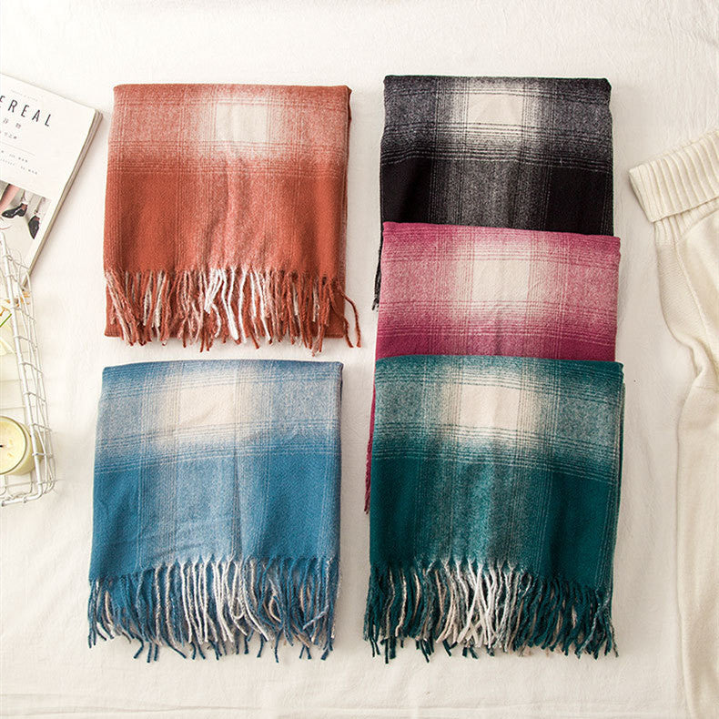 Women Gradient Plaid Fringe Windproof Warm Scarf