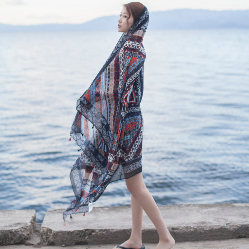 Printed Fringed Cotton And Linen Scarf