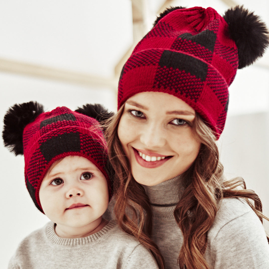 2PCS Warm Parent-child Double Hairball Knitted Hat