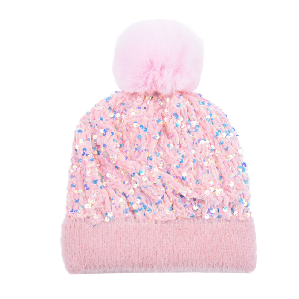 Winter Sequins Removable Wool Tuft Thick Plush Warm Knit Hat