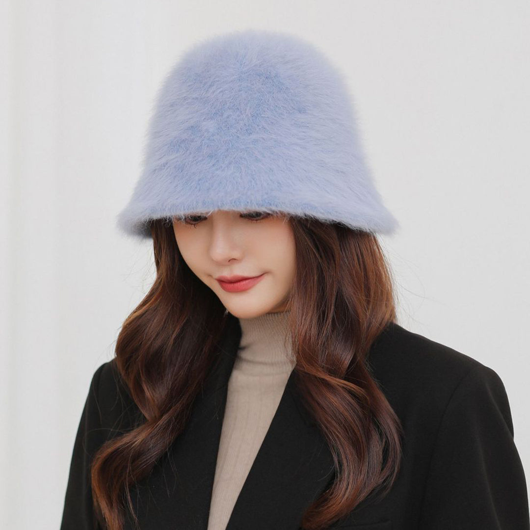 Female Solid Color Fluffy Bucket  Hat