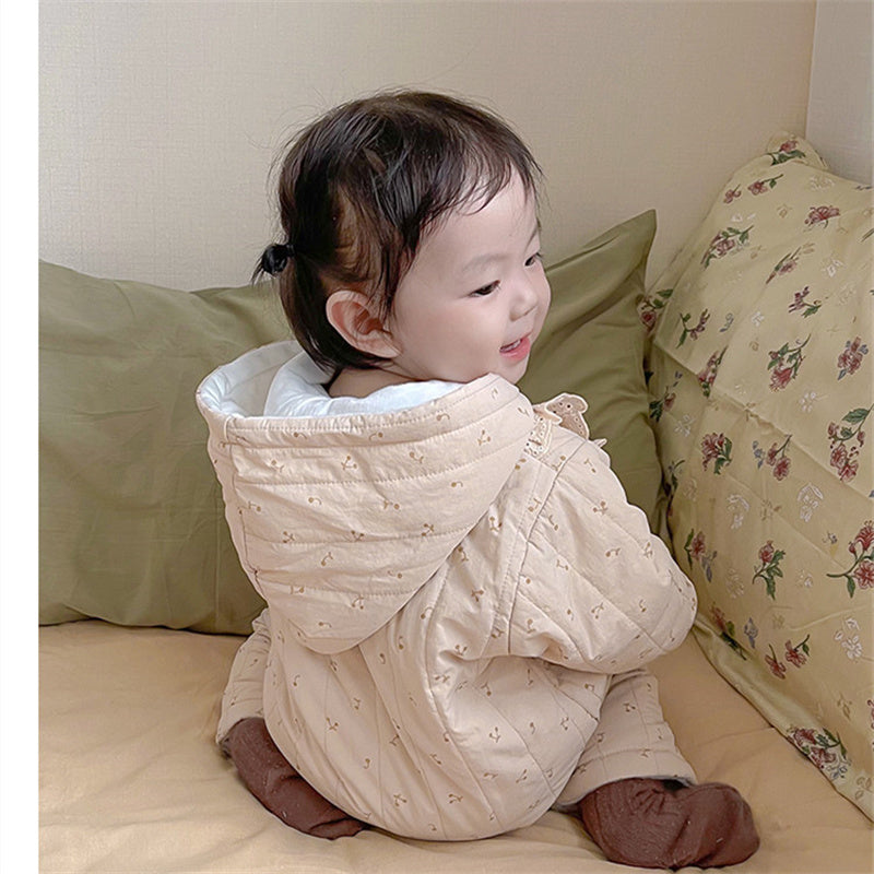 Baby Girl Long Sleeve Warm Thick Lace Hooded Onesie Clothing in Winter