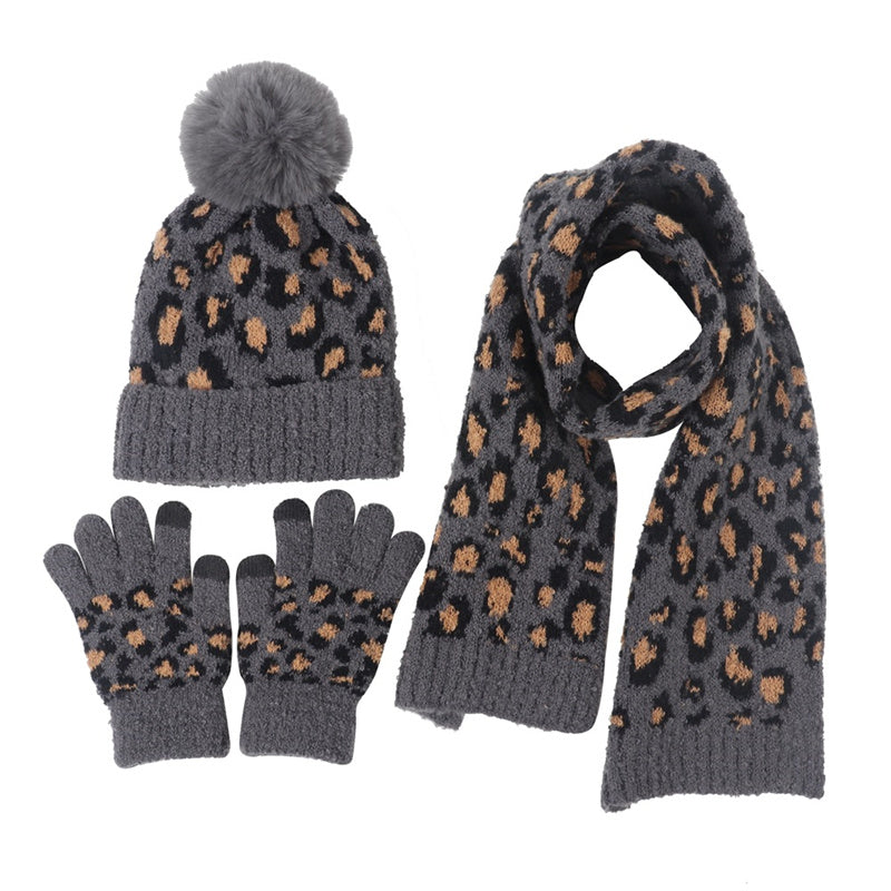 Children's Leopard Print Knitted Hat Scarf Gloves Warm Set