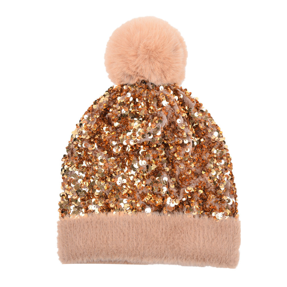 Winter Sequins Removable Wool Tuft Thick Plush Warm Knit Hat