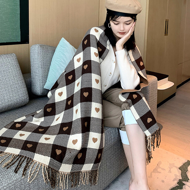 Warm Plaid Scarf With Thick Tassels