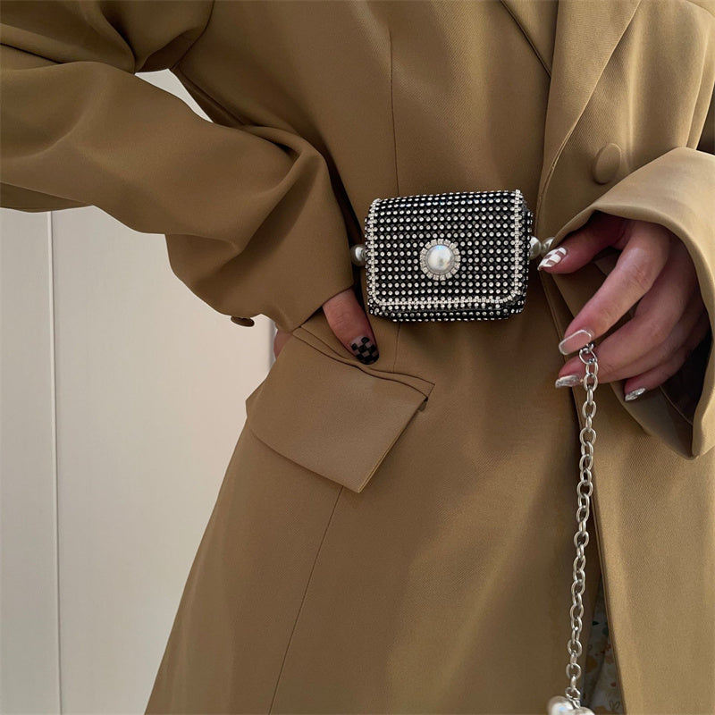 Fashion Rhinestone Removable Chain Mini Belt Bag