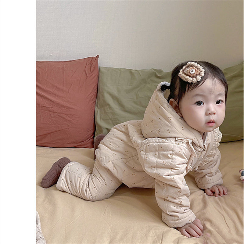 Baby Girl Long Sleeve Warm Thick Lace Hooded Onesie Clothing in Winter