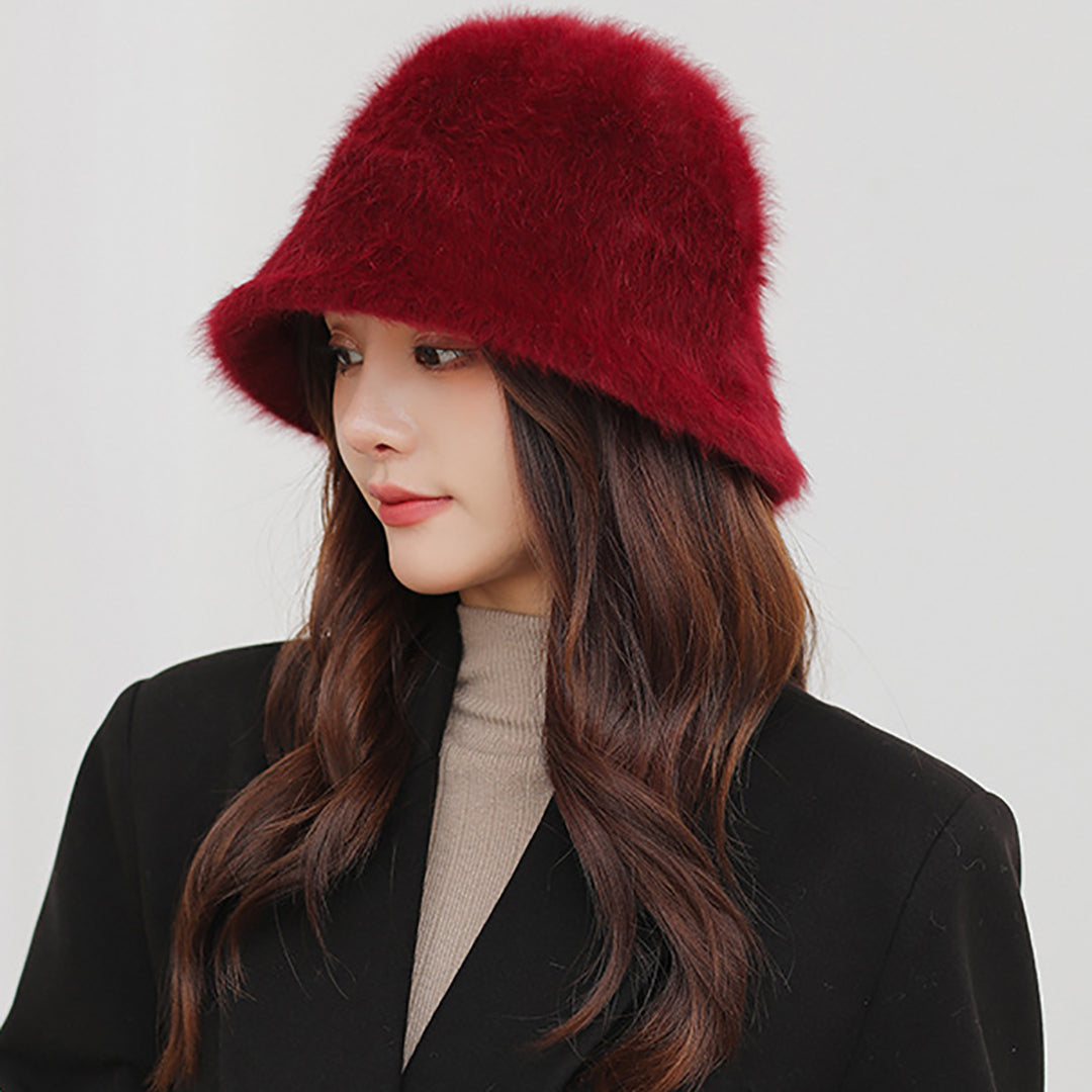 Female Solid Color Fluffy Bucket  Hat