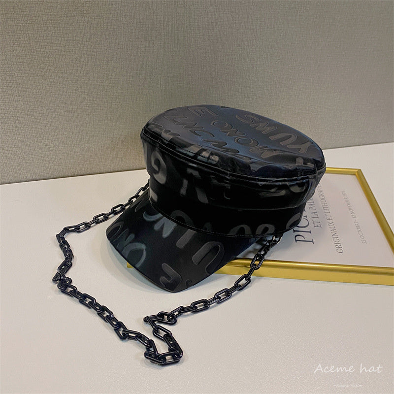 Vintage Glossy Letter Print Hat With Chain