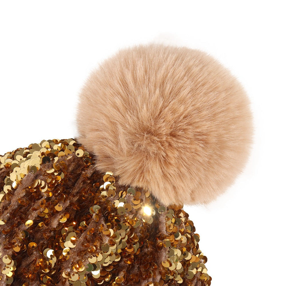Winter Sequins Removable Wool Tuft Thick Plush Warm Knit Hat