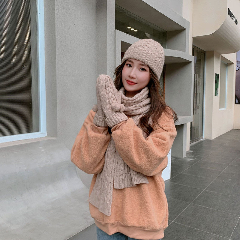 Scarf, gloves and hat three-piece set with thickened warm knitted scarf for autumn and winter