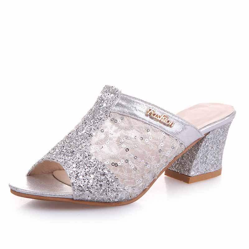 Net Yarn Thick Heel Sandals