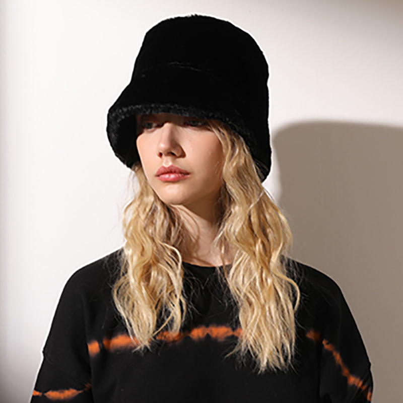 Fashion All-match Solid Color Thick Plush Warm Bucket Hat