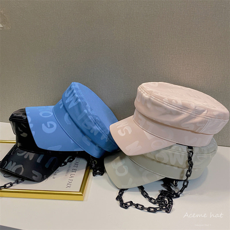 Vintage Glossy Letter Print Hat With Chain