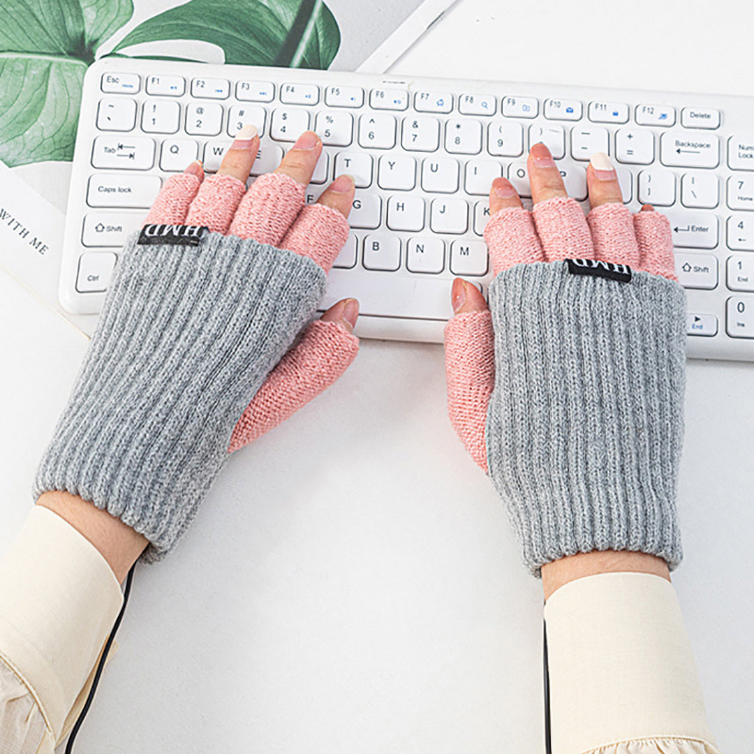 Winter USB Charging Half-Finger Knitted Gloves