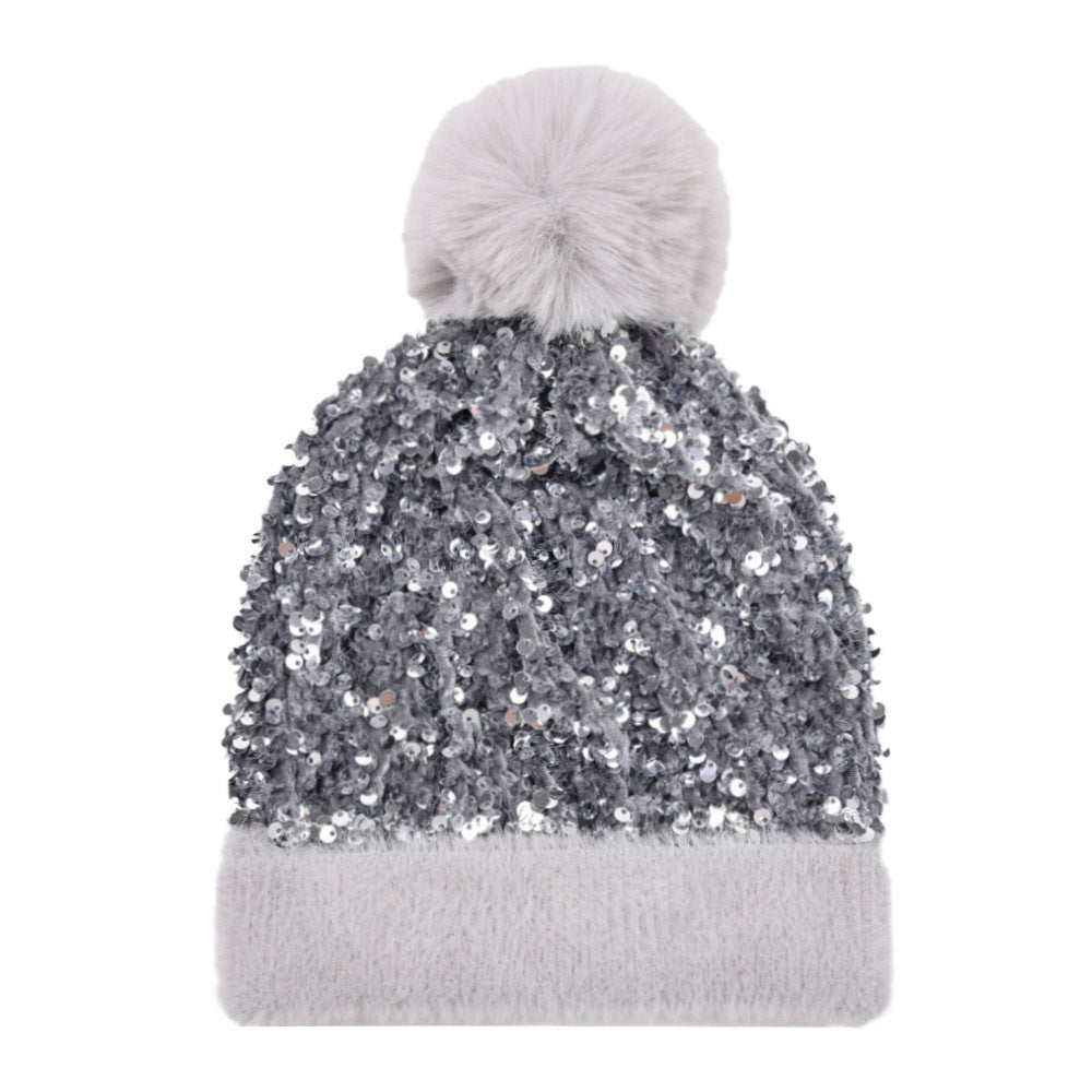 Winter Sequins Removable Wool Tuft Thick Plush Warm Knit Hat