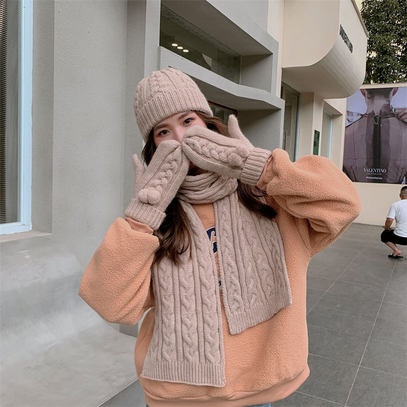 Scarf, gloves and hat three-piece set with thickened warm knitted scarf for autumn and winter
