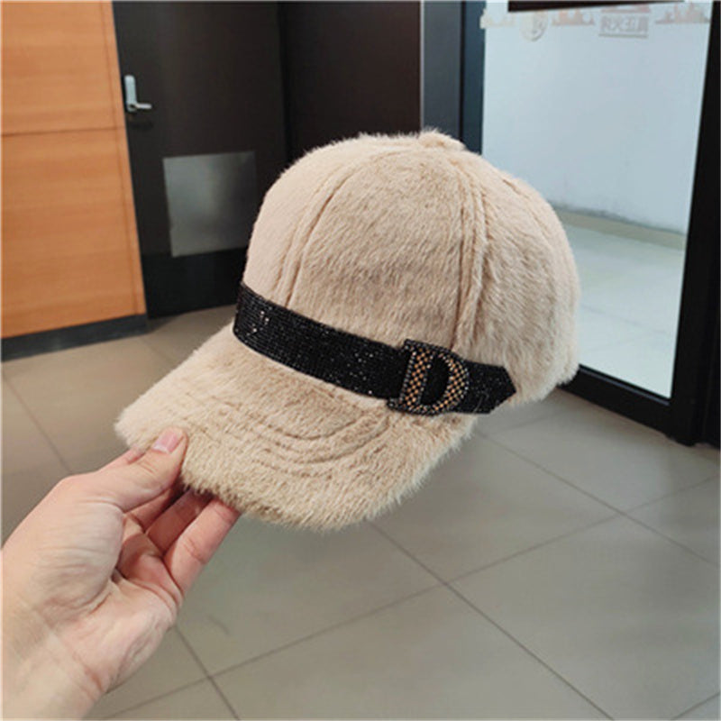 Padded warm plush duck tongue diamond baseball cap