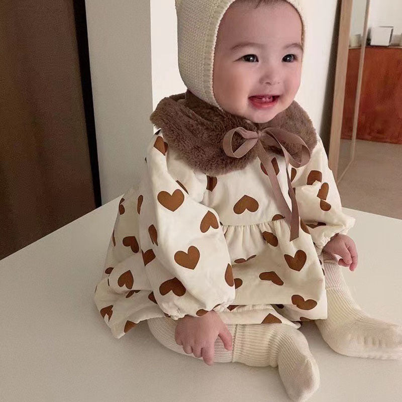 Baby Girl Long Sleeve Warm Thick Lace Hooded Onesie Clothing in Winter