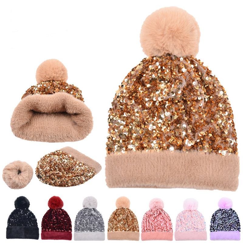 Winter Sequins Removable Wool Tuft Thick Plush Warm Knit Hat