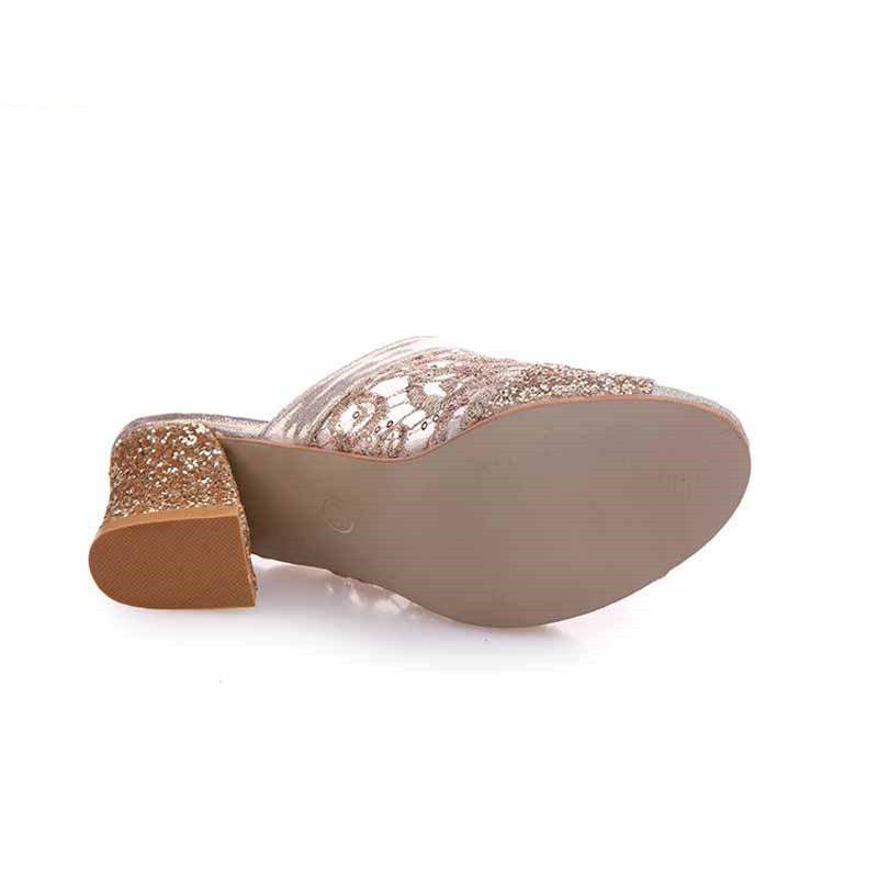 Net Yarn Thick Heel Sandals