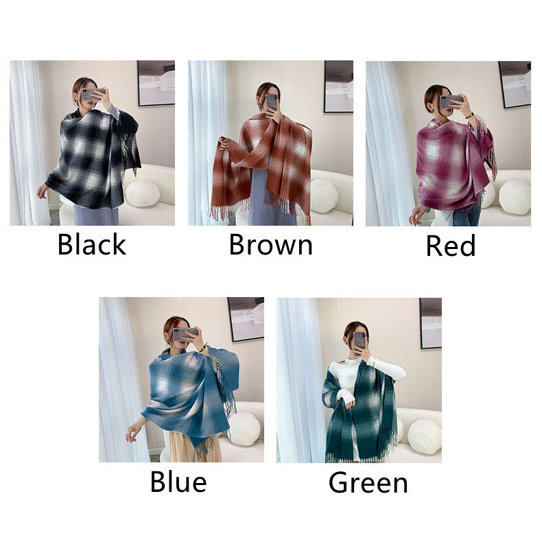Women Gradient Plaid Fringe Windproof Warm Scarf