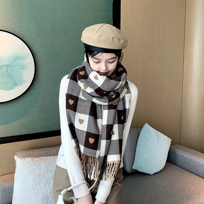 Warm Plaid Scarf With Thick Tassels