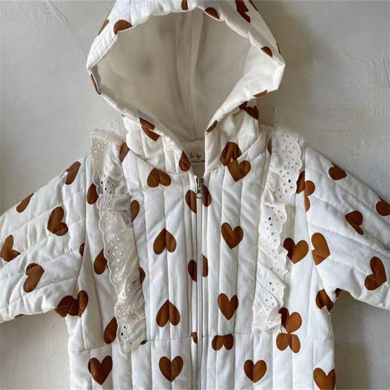 Baby Girl Long Sleeve Warm Thick Lace Hooded Onesie Clothing in Winter