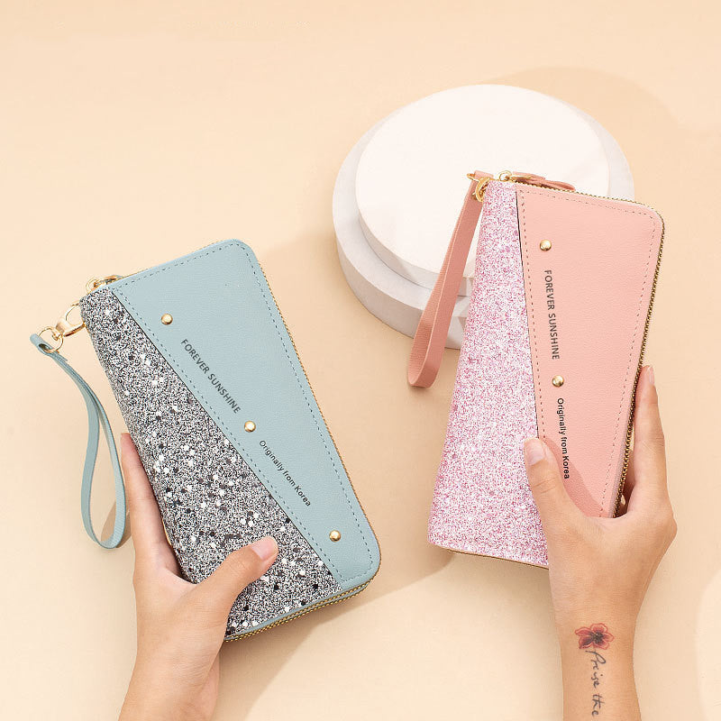 Fashion Double Zipper Sequins Soft Leather Wallet