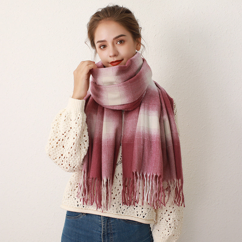 Women Gradient Plaid Fringe Windproof Warm Scarf
