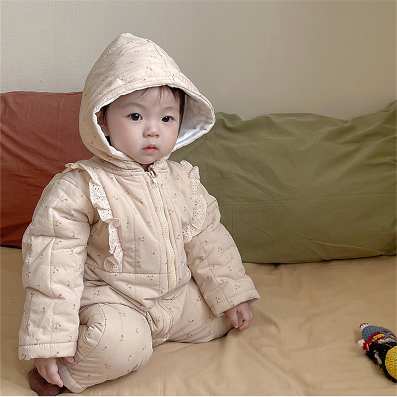 Baby Girl Long Sleeve Warm Thick Lace Hooded Onesie Clothing in Winter