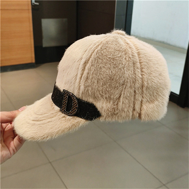 Padded warm plush duck tongue diamond baseball cap