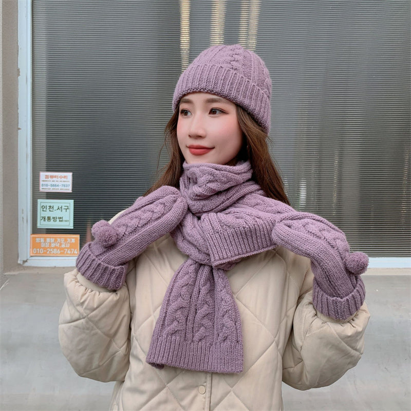 Scarf, gloves and hat three-piece set with thickened warm knitted scarf for autumn and winter