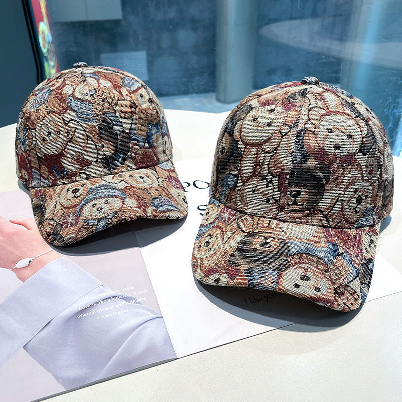 Bear Blended Printed Canvas Cotton Baseball Cap